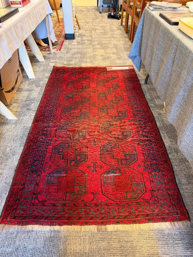 VINTAGE CIRCA 1950'S TURKOMON BUKARA ELEPHANT FOOT / GOL PATTERN RUG: 100% WOOL, VIBRANT RED AND BLACK DESIGN, GOOD CONDITION FOR AGE 44" X 60" 