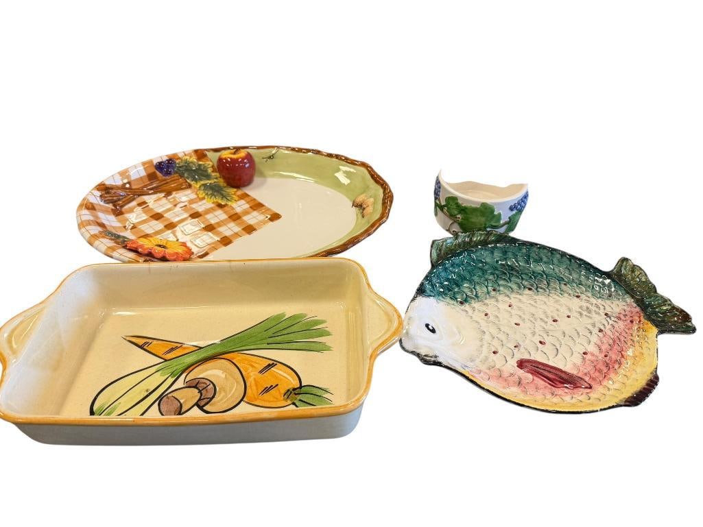 VINTAGE PENNSBURY POTTERY FISH SHAPED PLATTER, BELLA CASE BY GANZ PLATTER, AND MORE: ALSO INCLUDES VEGETABLE DISH AND ITALIAN HAND PAINTED GRAPE DISH, NO CHIPS OR CRACKS LARGEST IS 15" 