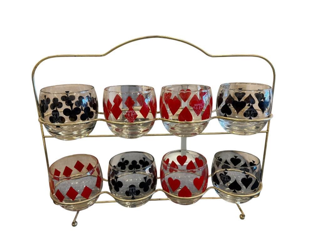 VINTAGE MAPES CASINO ADVERTISING ROLY POLY GLASSES FEATURING PLAYING CARD SUITS DESIGN: DISPLAYED IN BRASS CARRYING TRAY, NO CHIPS OR CRACKS, FEATURING CLASSIC MAPES INSIGNIA ON EACH EACH GLASS IS 3 1/4" X 3 1/4" 