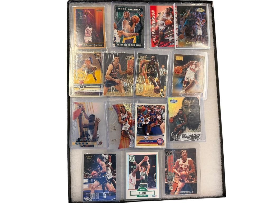 15 COLLECTIBLE NBA BASKETBALL CARDS FEATURING MICHAEL JORDAN 1990 SKYBOX, KOBE BRYANT, AND IVERSON: ALLEN IVERSON FLEER ULTRA 1998 ROOKIE CARD, SHAWN KEMP, KEVIN MCHALE FLEER 1990, JOHN STOCKTON, AND SOME ACTION PACKED 1993 HI-PRO CARDS, ALL IN PROTECTIVE SLEEVES