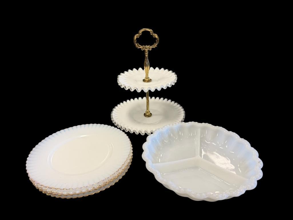 VINTAGE FENTON SILVER CREST MILK GLASS CRIMPED TWO-TIER TIDBIT DISH & DIVIDED RELISH MILK GLASS T... (1 of 10)