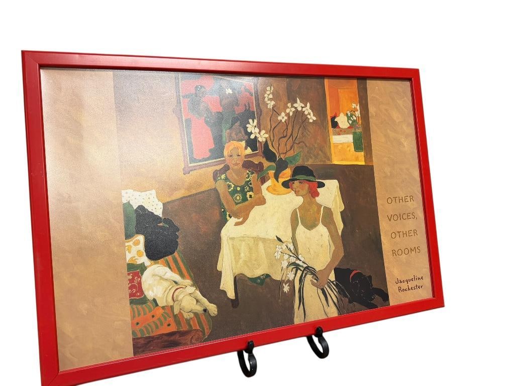 JACQUELINE ROCHESTER " OTHER VOICES, OTHER ROOMS " PRINT: FRAMED IN VIBRANT RED FRAME, DEPICTING A SOPHISTICATED INTERIOR SCENE WITH WOMEN, FLOWERS, AND DOGS JACQUELINE ROCHESTER AMERICAN ARTIST (1924 - 2010) 38" X 26" 