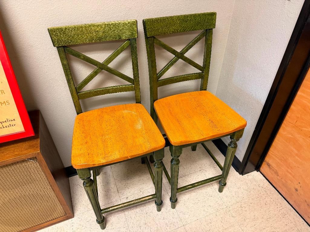 PEIR 1 IMPORTS ELEGANT TWO-TONED WOOD BARSTOOLS FEATURING DEEP GREEN PAINTED FRAME AND WOOD SEATS - 2