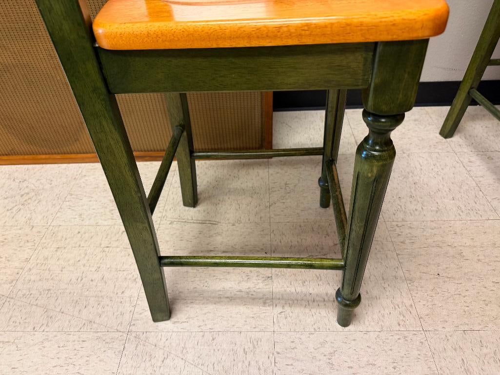 PEIR 1 IMPORTS ELEGANT TWO-TONED WOOD BARSTOOLS FEATURING DEEP GREEN PAINTED FRAME AND WOOD SEATS - 7