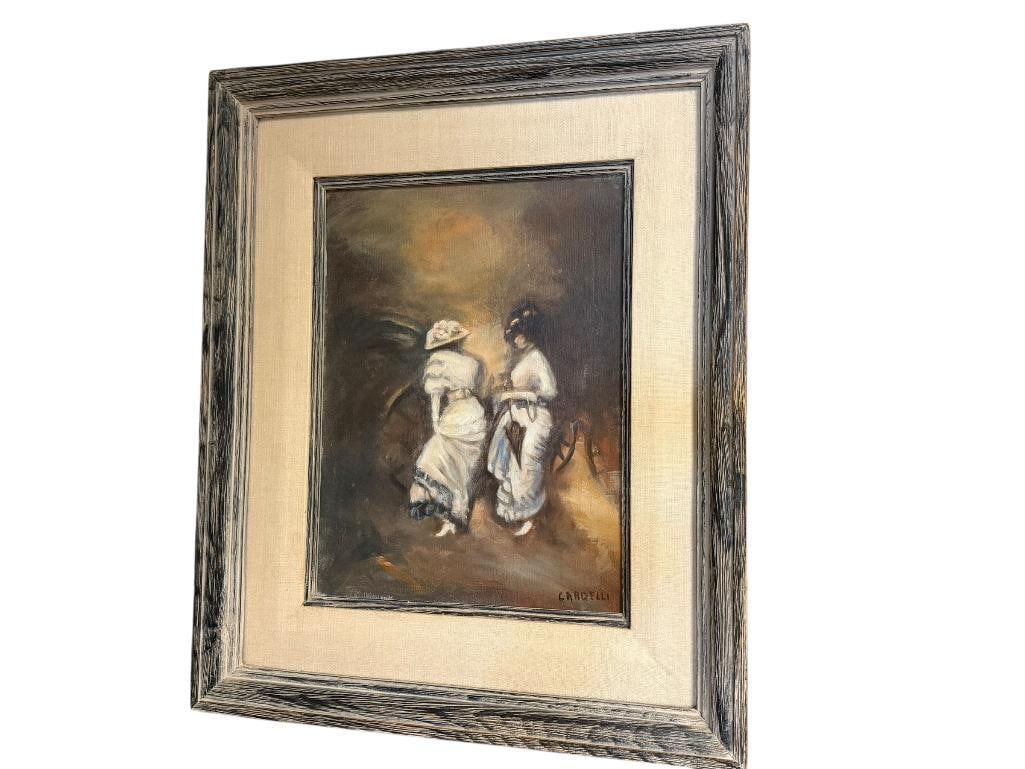VINTAGE LISTED NEVADA ARTIST ALICE CARDELLI SWETT ORIGINAL OIL ON CANVAS PAINTING OF TWO WOMEN: FEATURING IMPRESSIONIST DESIGN, SIGNED BY ARTIST IN LOWER RIGHT "CARDELLI," INCLUDES ARTIST CARD ON BACK, FRAMED, ALICE CARDELLI SWETT DAYTON, NEVADA ARTIST (1943-2025) 20" X 24" FRAME 