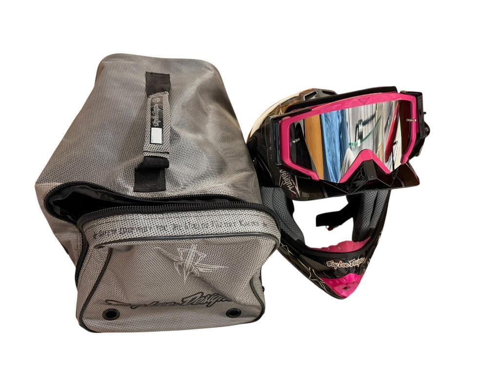 TROY LEE DESIGNS PINK AND BLACK LADIES MOTORCYCLE RACING HELMET AND GOGGLES BY FLOWVISION: DOT APPROVED, GOOD CONDITION, INCLUDES TRAVEL BAG CASE BY TLD SIZE L 