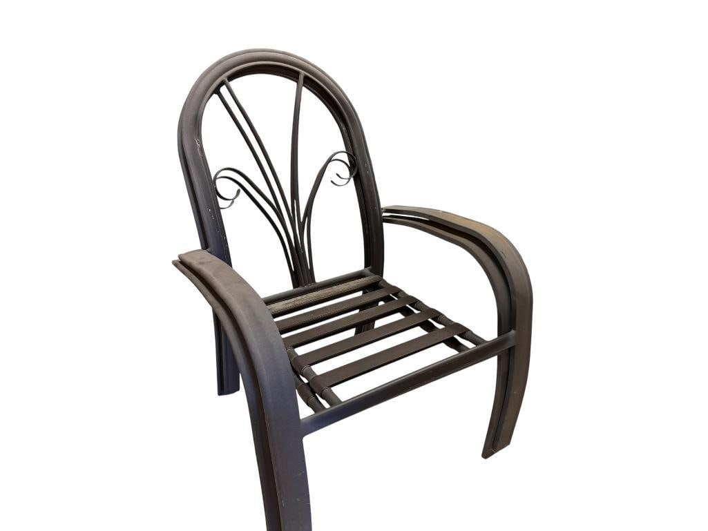 PAIR OF METAL FRAMED PATIO ARMCHAIRS WITH DECORATIVE SCROLLWORK BACKRESTS: CAST ALUMINUM DESIGN WITH WITH STRAPPED SEATS, COULD USE GOOD CLEANING 26" X 24" X 16" SEAT HEIGHT, 38' SEAT BACK HEIGHT