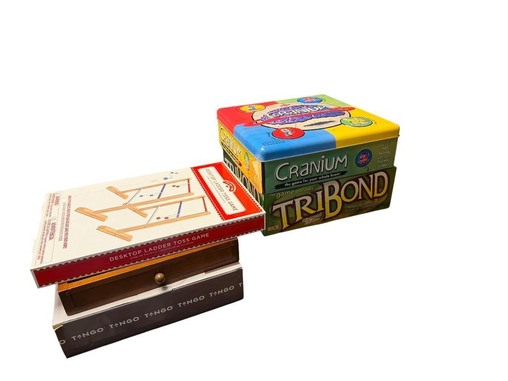 COLLECTION OF BOARD GAMDS AND HOUSE GAMES INCLUDING CRANIUM, TRIBOND, DESKTOP LADDER TOSS, AND MORE: ALSO INCLUDES TANGO DRINKING GAME AND WOODEN CASE BACKGAMMON SET