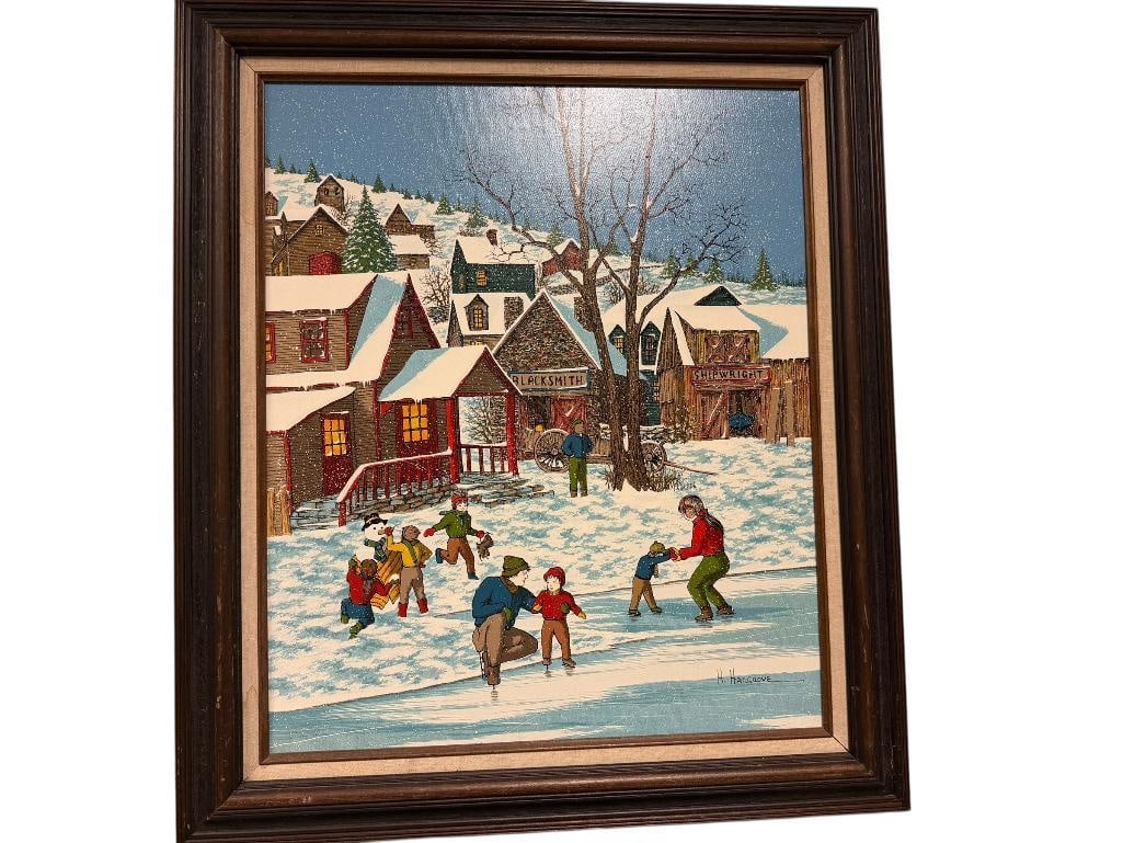 SNOWY WINTER VILLAGE SCENE LITHOGRAPH ON CANVAS BY H. HARGOVE ALSO KNOWN AS NICOLO STURIANO: FEATURING AND ICE POND WITH FAMILIES ICE SKATING, BLACKSMITH SHOP, AND MORE, VIBRANT COLORS, ITALIAN BORN ARTIST WHO PAINTED OUT OF NEW YORK IN THE 1970'S, FRAMED 26" X 30" FRAME 