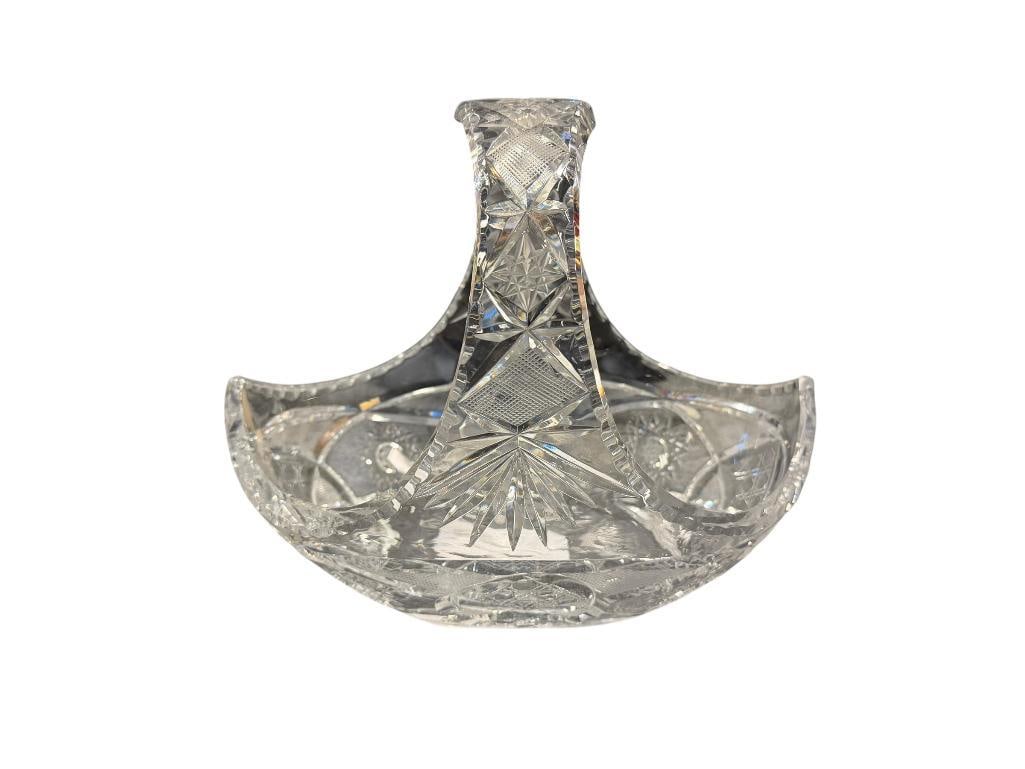 HOBSTAR CUT CRYSTAL BASKET: SMALL CHIP ON THE INNER EDGE, NO OTHER CHIPS OR CRACKS 9" H, 10" L 