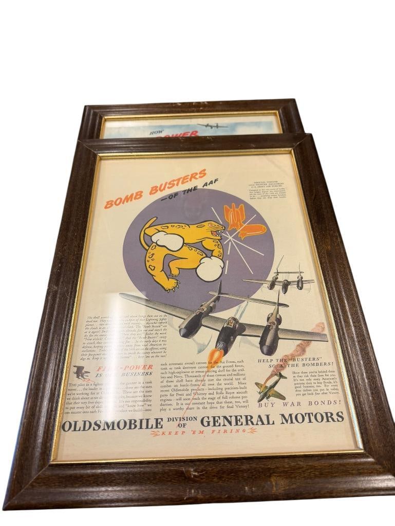 VINTAGE WWII ADVERTISEMENT MAGAZINE PAGES LOCKHEED LIGHTNING P-38 AND CURTISS P-40: BLACK AND WHITE AND COLOR ILLUSTRATED PAGES WAR PROPAGANDA, OLDSMOBILE / GM / ALLISON ADVERTISEMENTS, FRAMED 12 1/4" X 16 1/4" FRAME 