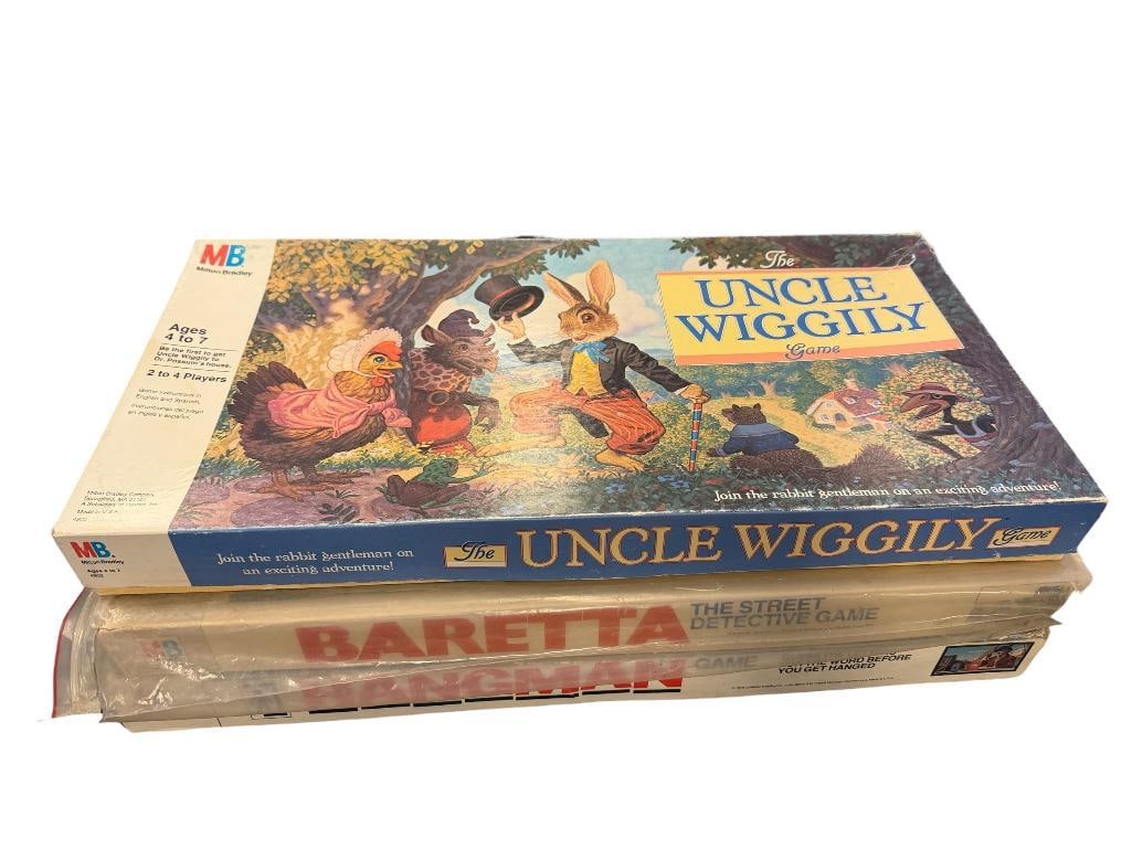 VINTAGE MILTON BRADLEY FAMILY BOARD GAMES THE UNCLE WIGGILY, BARETTA AND HANGMAN: ALL GAMES WITH ORIGINAL BOX, GAMES MAY BE MISSING PIECES 