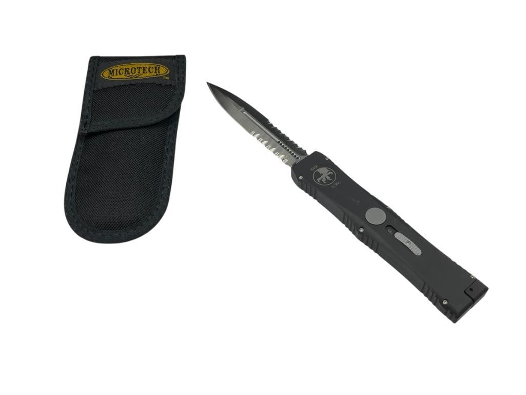 MICROTECH NEMESIS 1/99 609 AUTOMATIC KNIFE WITH MICROTECH BELT CASE: HAND RUBBED SATIN HANDLE, UNIQUE DESIGN 3 1/2" BLADE, 8 5/8" TOTAL LENGTH