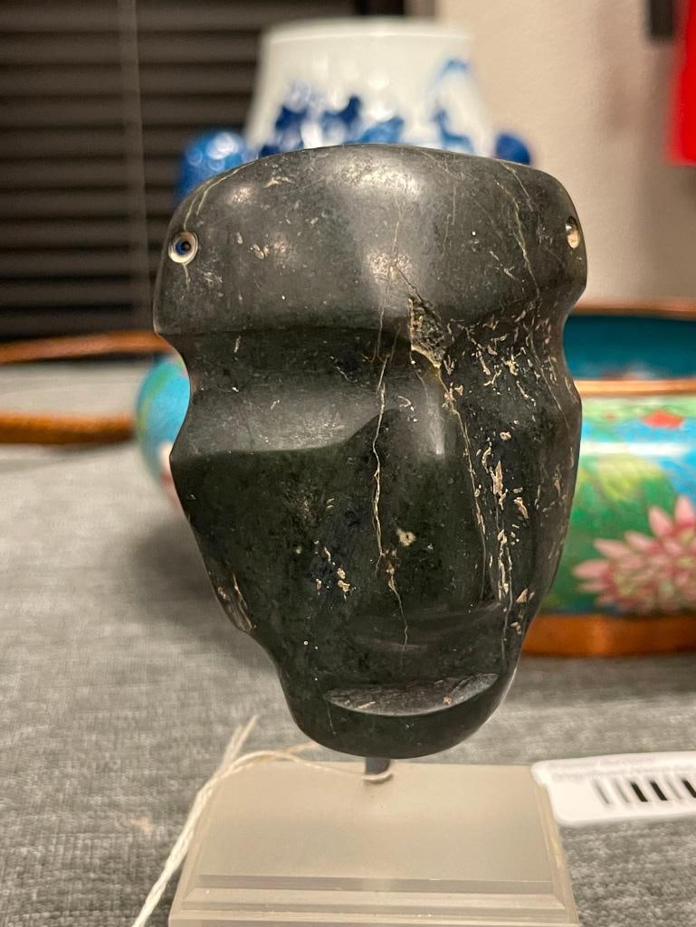 PRE-COLUMBIAN MESOAMERICAN HAND-CARVED DEEP BLACK AGATE MASK - 2