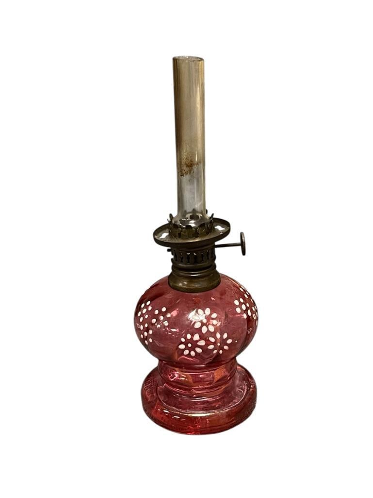 HAND BLOWN VICTORIAN PERIOD CRANBERRY ENAMELED MINIATURE OIL LAMP (1 of 5)