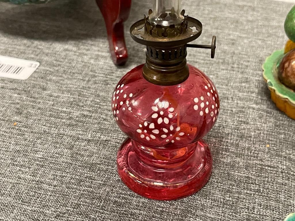 HAND BLOWN VICTORIAN PERIOD CRANBERRY ENAMELED MINIATURE OIL LAMP - 2