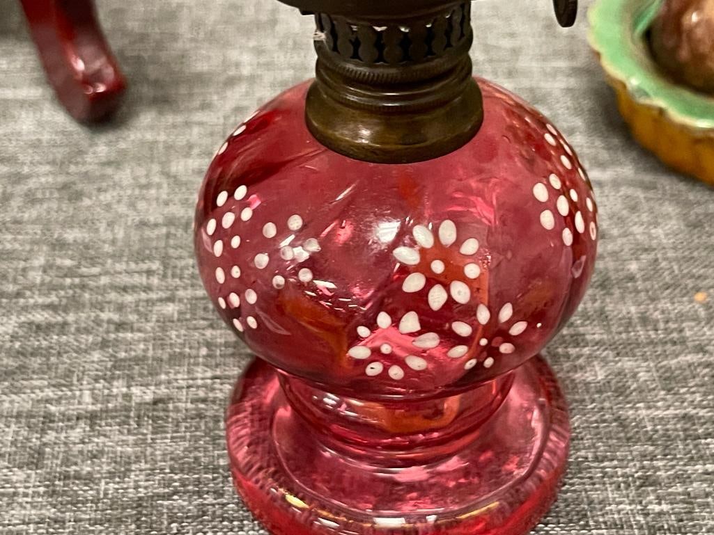 HAND BLOWN VICTORIAN PERIOD CRANBERRY ENAMELED MINIATURE OIL LAMP - 3