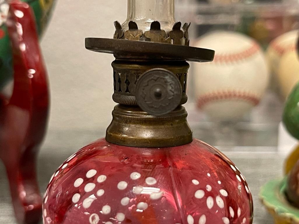 HAND BLOWN VICTORIAN PERIOD CRANBERRY ENAMELED MINIATURE OIL LAMP - 4