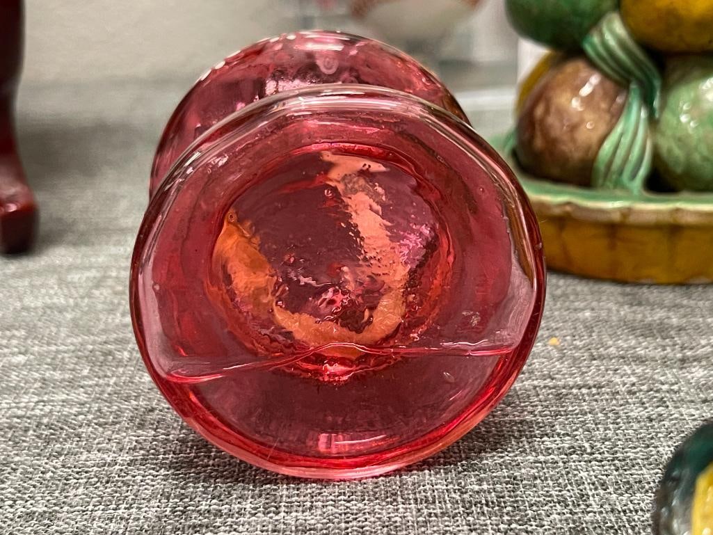 HAND BLOWN VICTORIAN PERIOD CRANBERRY ENAMELED MINIATURE OIL LAMP - 5