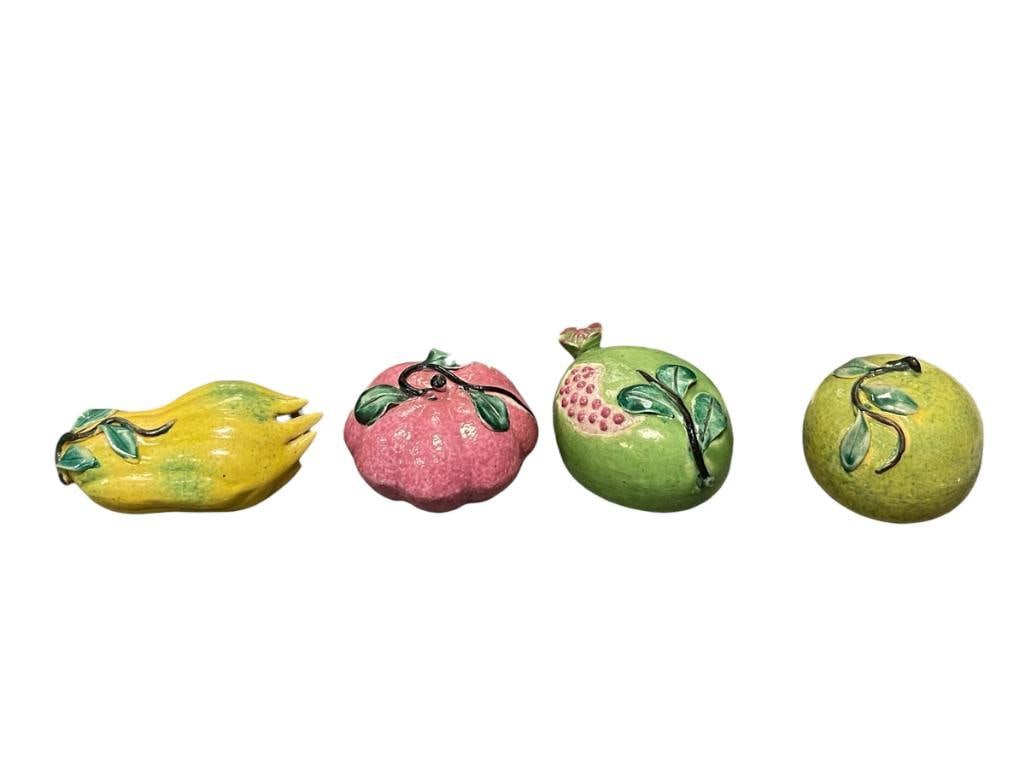 EARLY 20TH CENTURY CHINESE EXPORT FAMILLE ROSE PORCELAIN ALTAR FRUITS SYMBOLS IN CHINESE CULTURE: FOUR PORCELAIN FRUITS SYMBOLIZING SPIRITUALITY, MORALITY, PROSPERITY, EACH FRUIT SIGNIFIES A DIFFERENT MEANING IN CHINESE CULTURE, FOUR FRUITS TOTAL, THREE FRUITS HAVE MADE IN CHINA PAPER LABEL,