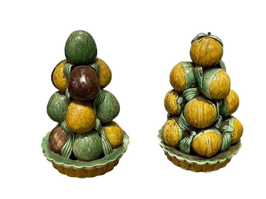 18TH CENTURY CHINESE FAMILLE VERTE STYLE PORCELAIN FRUIT TOWER OF STACKED FIGS ALTAR OFFERINGS: CHINESE PORCELAIN FRUIT PYRAMIDS CHINESE CULTURAL SYMBOLS USED AS ALTAR OFFERINGS USED IN A HOME, TOMB, OR TEMPLES USED AS DECORATIVE SYMBOLIC PIECES, EACH PYRAMID IS A STACK OF FIGS IN YELLOW,