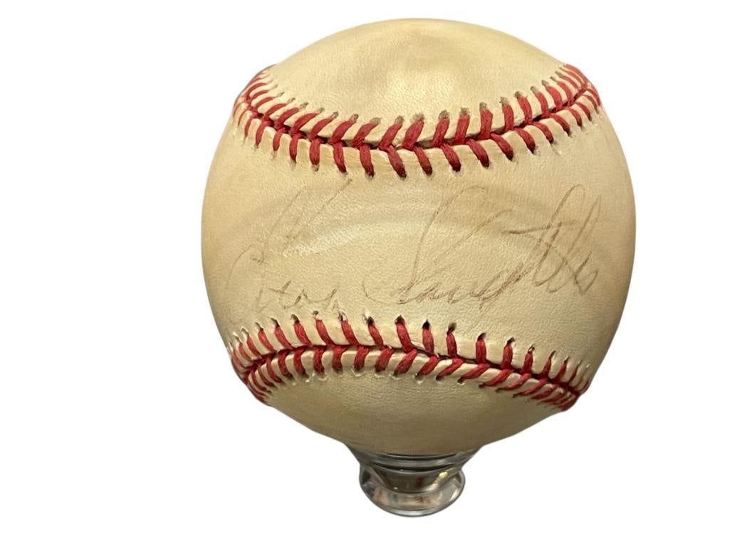 ENOS SLAUGHTER HOF FORMER BASEBALL PLAYER AUTOGRAPHED BASEBALL PLAYER: ENOS SLAUGHTER (1916-2002) FORMER RIGHT FIELDER PLAYED FOR 19 SEASONS, NOTED PRIMARILY FOR FAMOUSLY SCORING THE WINNING RUN IN GAME 7 OF HIS 1946 WORLD SERIES FOR THE CARDINALS, 4X WORLD SERIES