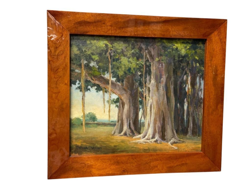 THELMA PARSONS NOTED UTAH ARTIST ORIGINAL OIL ON MASONITE BOARD PAINTING TITLED BANYON TREES: THELMA PARSONS (1927-2024) HIGHLY NOTED UTAH ARTIST, MEMBER OF UTAH WATERCOLOR SOCIETY AND UTAH FINE ARTIST GUILD, ART DEPICTS LANDSCAPE SCENE WITH BANYAN TREES, SIGNED LOWER LEFT, FRAMED 17 1/2" X