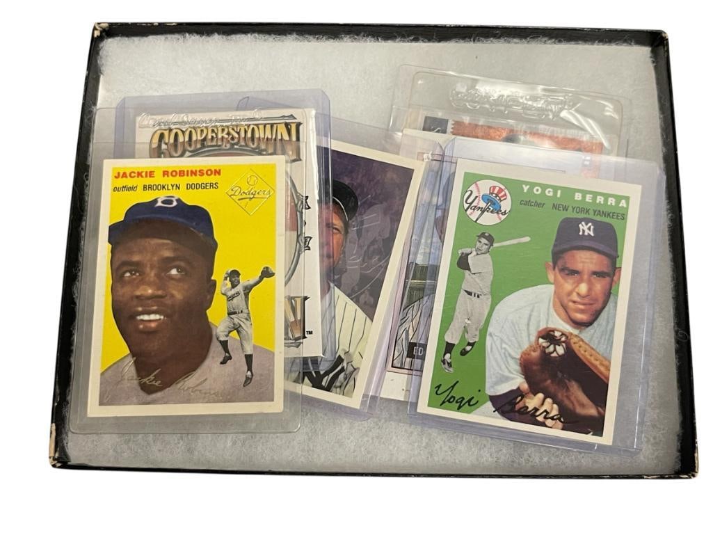 1980'S / 1990'S BASEBALL PLAYER CARDS MICKEY MANTLE, YOGI BERRA, WHITEY FORD, JACKIE ROBINSON: INCLUDES YOGI BERRA AND JACKIE ROBINSON 1954 SERIES REPRINT CARDS, 1993 COPPERSTOWN COLLECTION TY COBB CARD, 1995 BASEBALL HEROES BABE RUTH, 1989 BOWMAN WHITEY FORD, 1996 TOPPS MICKEY MANTLE, SIX