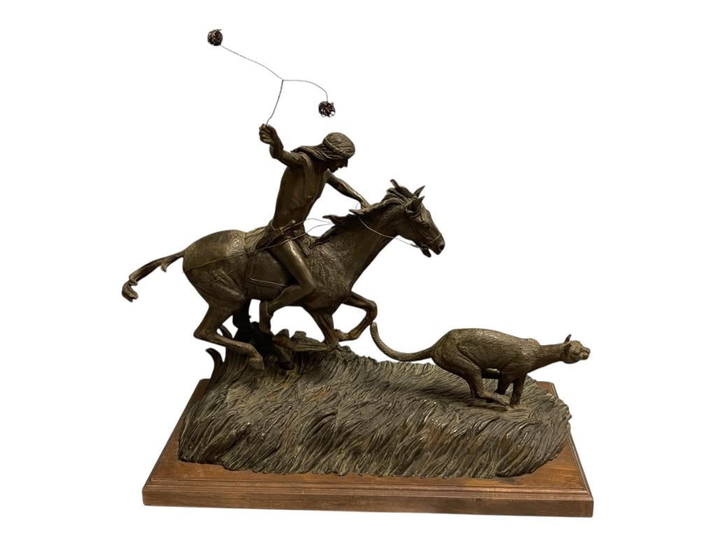 JAMES SHOOP LIMITED EDITION NATIVE AMERICAN / WESTERN BRONZE SCULPTURE NO. 1/50 DATED 1991: JAMES SHOOP BECAME A PROFESSIONAL SCULPTOR IN 1983 KNOWN FOR HIS ART NOUVEAU AND ANIMAL SCULPTURES, STARTED SCULPTING IN HIS FAMILY'S FOUNDRY, SCULPTURE DEPICTS A NATIVE AMERICAN MAN ON