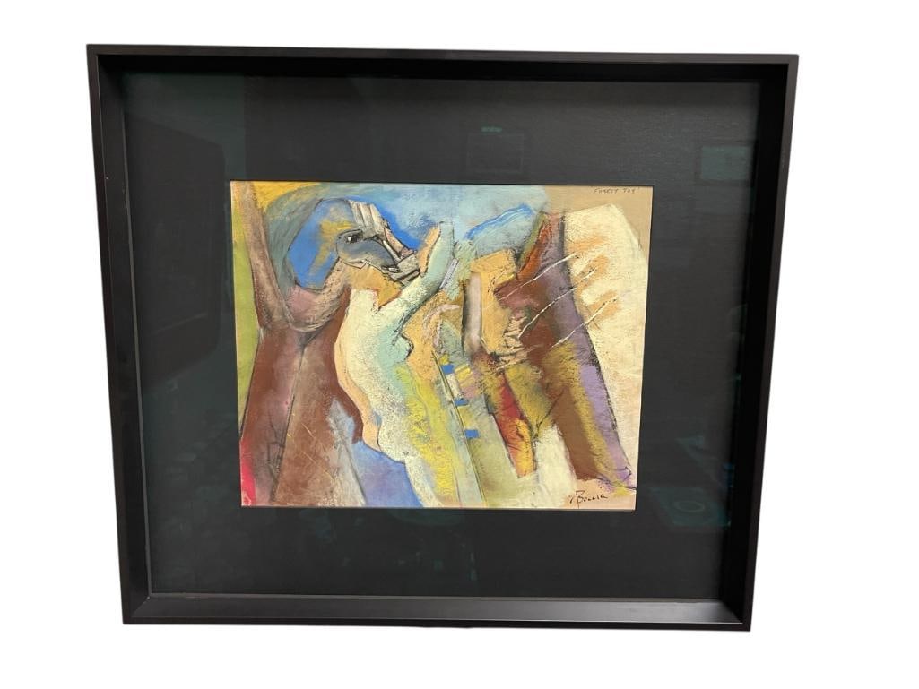 EDWARD BOCCIA ITALIAN AMERICAN PAINTER AND POET ORIGINAL PASTEL ON PAPER TITLED FOREST TOY: EDWARD BOCCIA (1921-2012) NEO-EXPRESSIONIST STYLE ARTIST WHO PAINTED UNTIL HE WAS 91 YEARS OLD, ART DEPICTS A COMBINATION OF SURREAL AND ABSTRACT ART OF NUDE FIGURE WITH A STYLIZED HORSE HEAD, TITLED