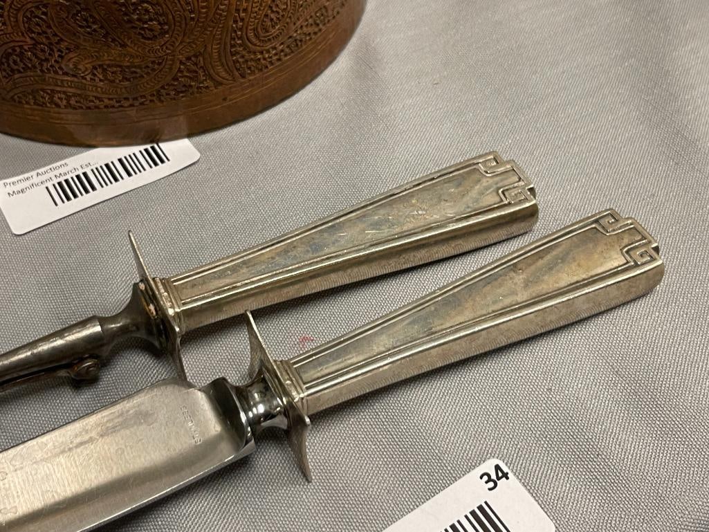 VINTAGE GORHAM ETRUSCAN GREEK STYLED STERLING SILVER HANDLED CUTLERY / CARVING SET - 6