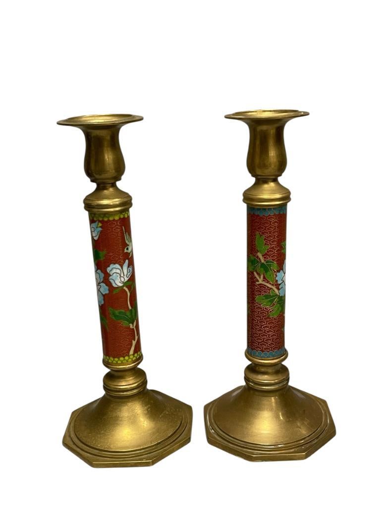 20TH CENTURY CHINESE CLOISONNE ENAMEL BRASS CANDLESTICKS WITH INTRICATE WIRE WORK: BIRD AND FLORAL ENAMEL DECORATED CANDLESTICKS WITH RED BACKGROUND, OCTAGONAL STEPPED BASE WITH ROUND TOP 10 1/4" H 