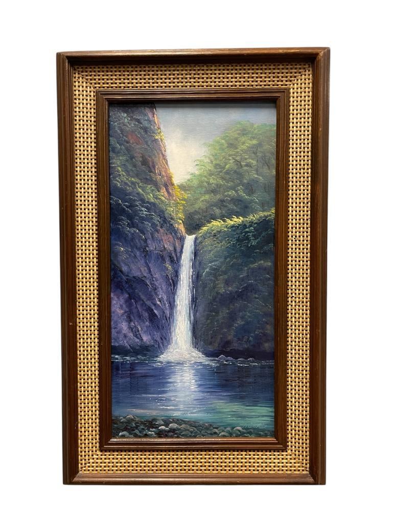 ORIGINAL OIL ON CANVAS SERENE LANDSCAPE PAINTING OF A WATERFALL SIGNED MICHI: VERTICAL PAINTING OF A WATERFALL WITH THICK FOREST AND CLIFF IN THE BACKGROUND, SIGNED LOWER RIGHT, FRAMED 19" X 31" FRAME 