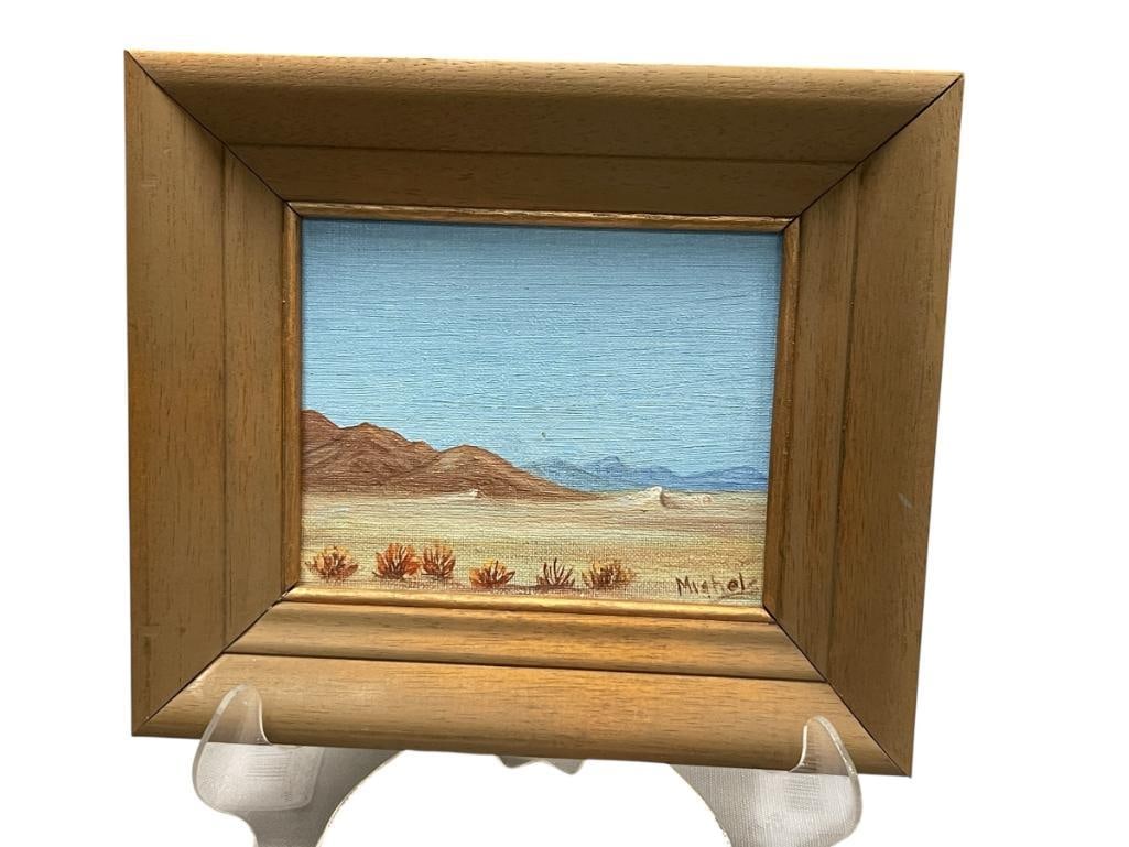 HARRY MIGHELS PROLIFIC CALIFORNIA / NEVADA ARTIST ORIGINAL OIL ON CANVAS BOARD LANDSCAPE: HARRY MIGHELS (1900-1998) PAINTED IN CALIFORNIA BOOM CAMPS AND ALSO A PROMINENT FIGURE IN NEVADA SERVING AS EDITOR OF THE NEVADA APPEAL IN CARSON CITY IN 1865, ART DEPICTS A MINIATURE WESTERN DESERT