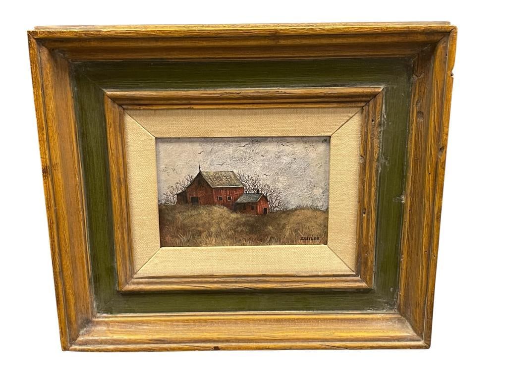 EVELYN ZEITLER CALIFORNIA BASED ARTIST ORIGINAL OIL ON MASONITE BOARD TITLED APRIL MORNING: EVELYN ZEITLER (1921-2001) WAS BORN IN KENOSHA, WIS., SELF-TAUGHT ARTIST WHO SETTLED IN REDONDO BEACH, CA. IN 1946, ART DEPICTS SCENE WITH BIG RED BARN TITLE APRIL MORNING, SIGNED LOWER RIGHT, ARTIST