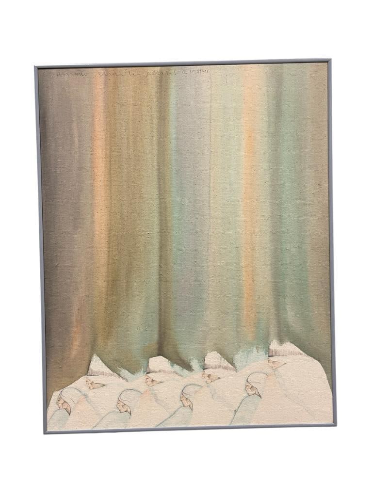 AMADO M. PENA JR. WELL LISTED AMERICAN ARTIST ORIGINAL PAINTING ON LINEN TITLED DEPUIS DE LA DANZA: AMADO M.PENA JR. (1943 B.) VISUAL ARTIST AND EDUCATOR OF MEXICAN AND YAQUI ANCESTRY, KNOWN AS AN IMPORTANT MEXICAN AMERICAN ARTIST WHO EMERGED FROM THE CHICANO MOVEMENT, ART DEPICTS EIGHT FIGURES IN