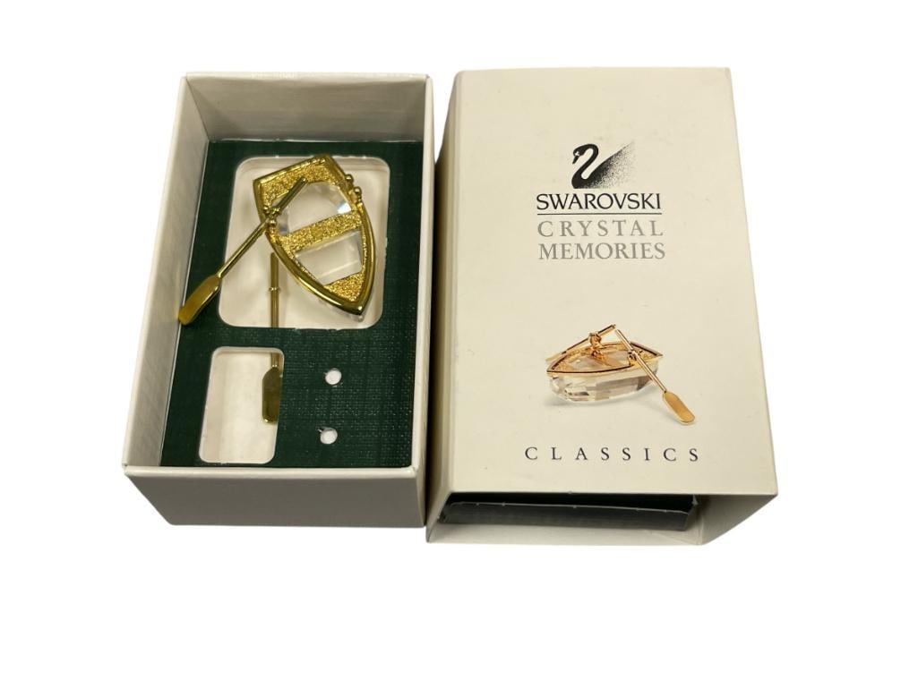 SWAROVSKI CRYSTAL MEMORIES CLASSICS ROW BOAT MINIATURE FIGURINE: GOLD TONE METAL ACCENTS AND OARS, INCLUDES ORIGINAL BOX WITH SLEEVE, MISSING BOX TOP, ORIGINAL PRICE $40, NO DAMAGE 1 3/8" L 