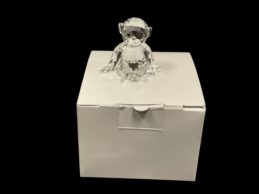 SWAROVSKI SILVER CRYSTAL FACETED FIGURINE OF A CHIMPANZEE NO. 7618NR000001: MADE IN AUSTRIA, WITH PRESENTATION BOX AND OVERLAY BOX, MINT CONDITION 2" H