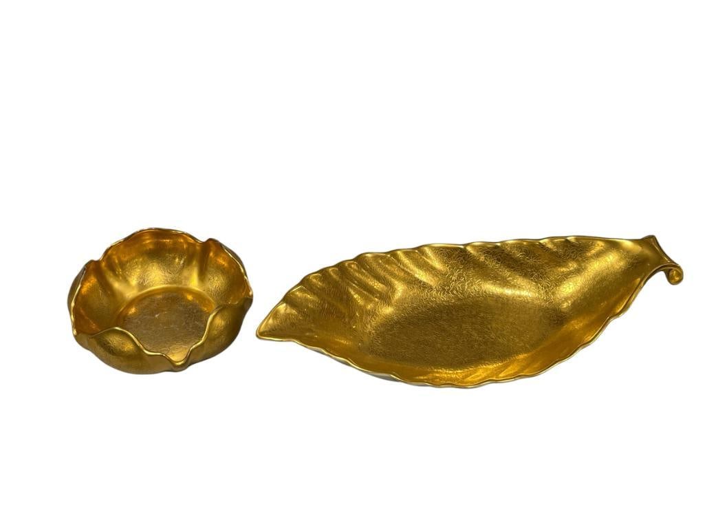VINTAGE PICKARD CHINA GOLD, HAND DECORATED LEAF SHAPED DISH AND TULIP BOWL WITH ETCHED FLORAL DES...: DAISY PATTERN BOWL NO. 286 AND DISH NO. 427, TULIP SHOWS LIGHT WEAR ALONG THE RIM, NO CHIPS OR CRACKS 5" BOWL, 12" DISH 