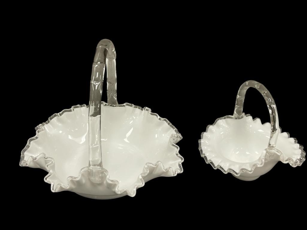 FENTON MILK GLASS SILVERCREST / RIBBON GLASS BASKETS WITH APPLIED CLEAR HANDLES: OVAL SHAPED BASKET AND EIGHT POINT BASKET, MINOR CRACK IN SMALL BASKET ON HANDLE 7" AND 12"