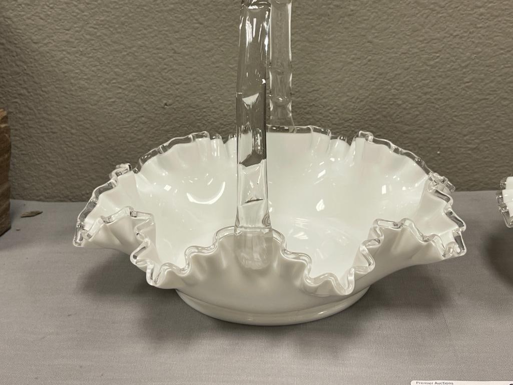 FENTON MILK GLASS SILVERCREST / RIBBON GLASS BASKETS WITH APPLIED CLEAR HANDLES - 2