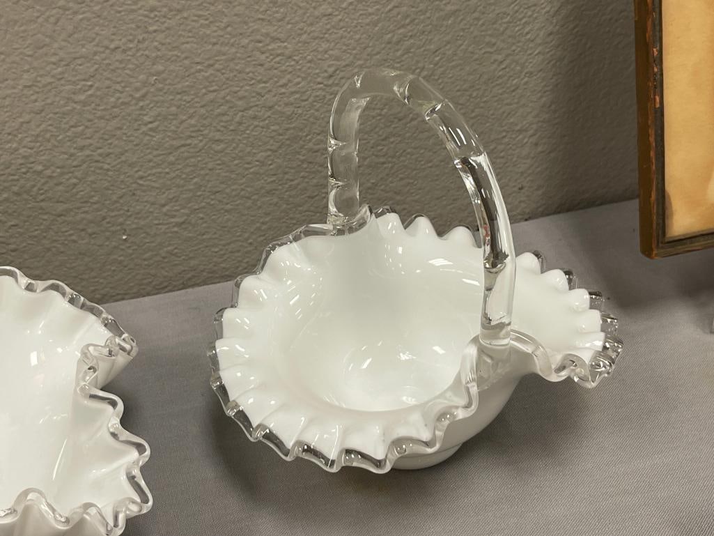FENTON MILK GLASS SILVERCREST / RIBBON GLASS BASKETS WITH APPLIED CLEAR HANDLES - 3