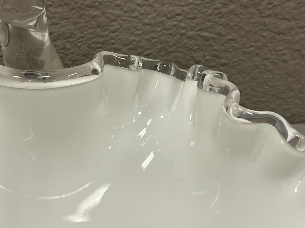 FENTON MILK GLASS SILVERCREST / RIBBON GLASS BASKETS WITH APPLIED CLEAR HANDLES - 5