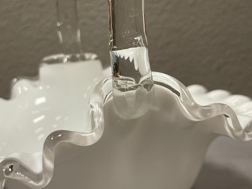 FENTON MILK GLASS SILVERCREST / RIBBON GLASS BASKETS WITH APPLIED CLEAR HANDLES - 6