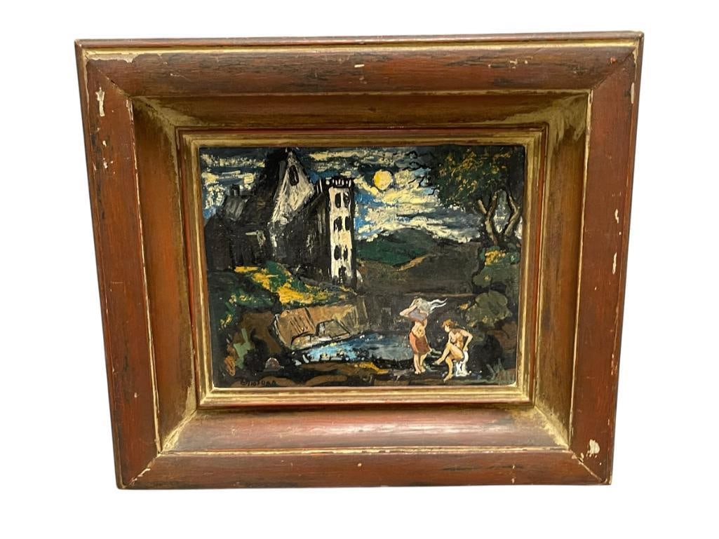 ELLIOT ORR NEW YORK ARTIST PAINTING ON BOARD TITLED THE QUARRY DATED 1935: ELLIOT ORR (1904-1997) AMERICAN ARTIST BORN IN NEW YORK MOVED TO MASSACHUSETTS IN 1924, STUDIED WITH GEORGE LUKS, ART DEPICTS TWO NUDE WOMAN NEAR A QUARRY WITH BUILDING IN THE BACKGROUND, SIGNED
