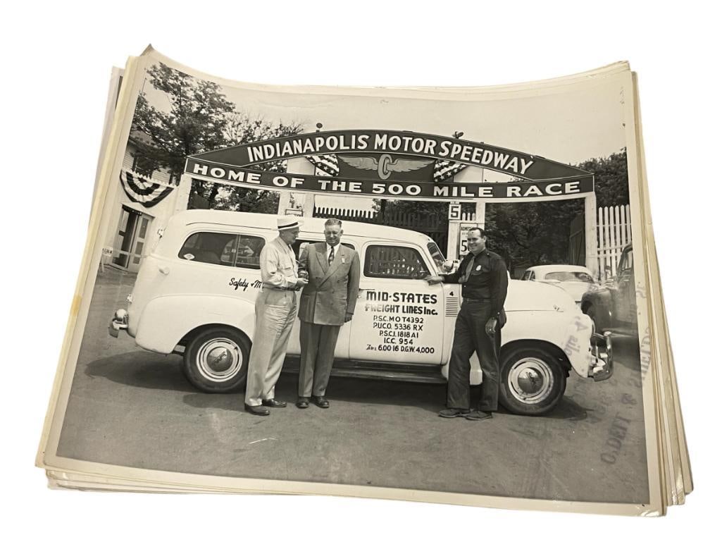22 1950'S INDIANAPOLIS 500 MOTOR SPEEDWAY BLACK AND WHITE PHOTOGRAPHS O'DELL & SHIELDS STUDIOS: PHOTOGRAPHS FEATURE MAIN ENTRANCE, STUDEBAKER PACE CAR, DRIVERS, JOE CACCIA WRECKED CAR, TROPHY, PIT CREW, SEVERAL PHOTOGRAPHS ARE STAMPED ON THE BACK FROM O'DELL & SHIELDS STUDIOS OFFICIAL 500