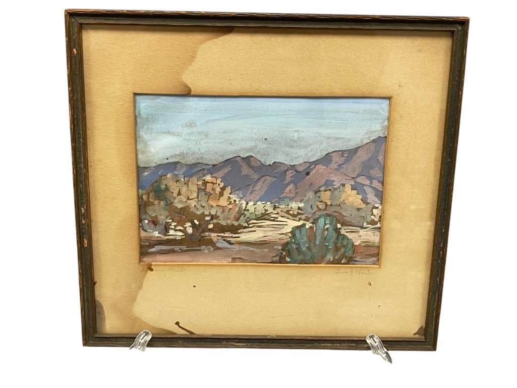 THOMAS J. HARTER AMERICAN ARTIST ORIGINAL GOUACHE PAINTING ON PAPER DESERT LANDSCAPE INDIAN WELLS: THOMAS J. HARTER (1905-1981) BORN IN ILLINOIS AND MOVED TO CALIFORNIA IN 1920, MOVED TO ARIZONA IN 1937, ART DEPICTS A ARIZONA LANDSCAPE TITLED INDIAN WELLS, SIGNED ON THE MATTING, SHOWS WATER DAMAGE