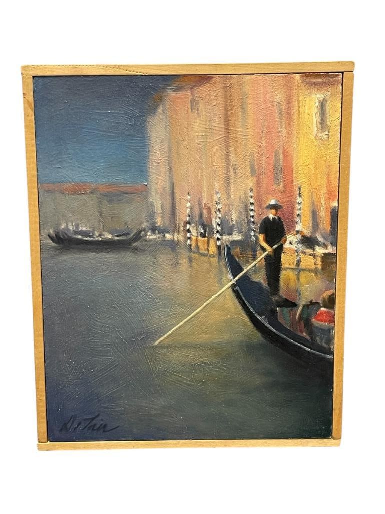 ORIGINAL OIL ON BOARD IMPRESSIONIST VENETIAN GONDOLA PAINTING SIGNED: PAINTING DEPICTS GONDOLIER NAVIGATING A CANAL IN VENICE, SIGNED LOWER LEFT, FRAMED 8 1/2" X 10 1/2" FRAME 