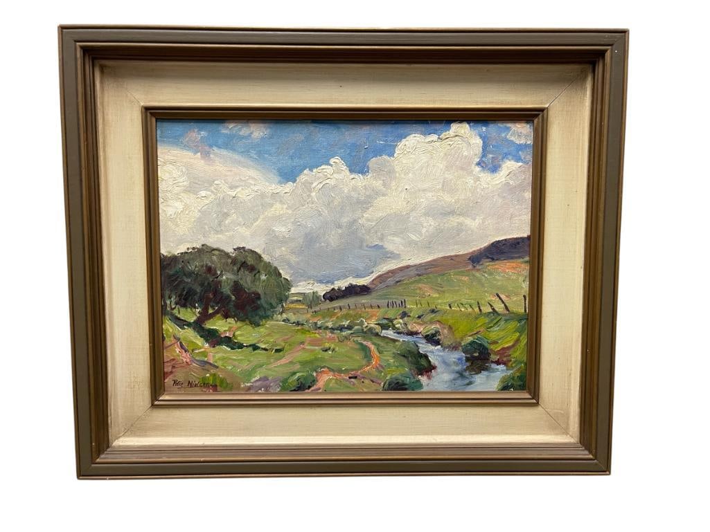 PETER NIELSEN CALIFORNIA DUTCH WELL NOTED ARTIST ORIGINAL OIL ON MASONITE PAINTING: PETER NIELSEN (1873-1965) MADE HIS MARK IN THE CALIFORNIA AND AMERICAN ART SCENE HAVING ARRIVED IN THE UNITED STATES AT THE AGE OF 14, ART DEPICTS CALIFORNIA COUNTRYSIDE LANDSCAPE WITH GREEN HILLS