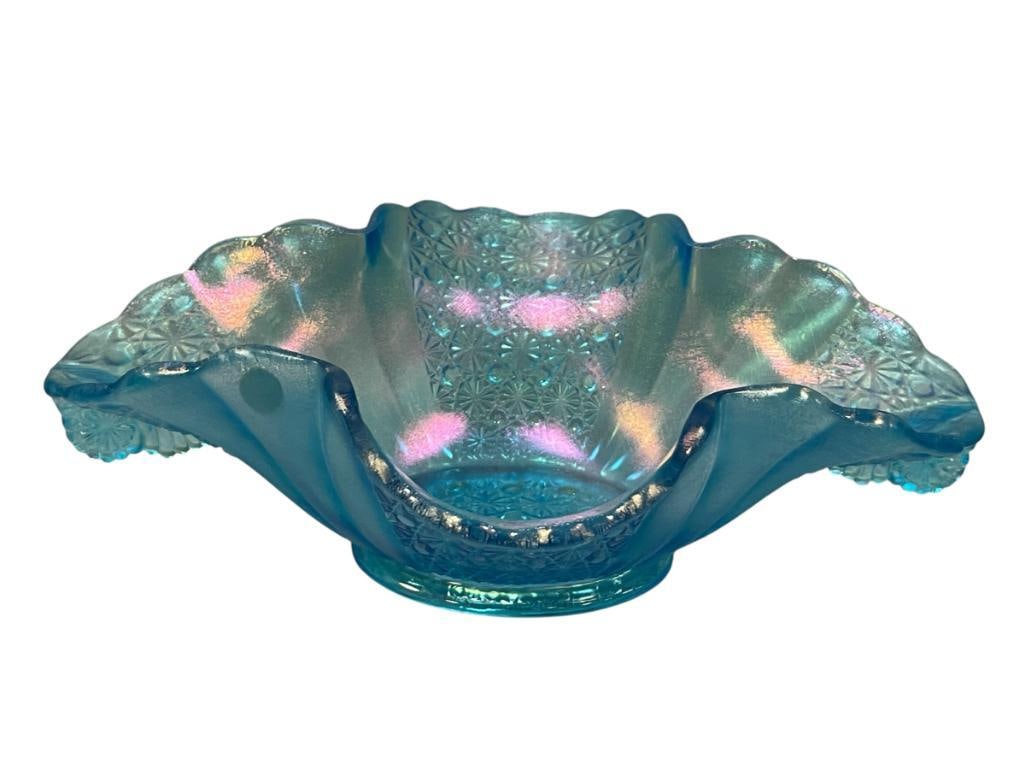 EARLY 20TH CENTURY FENTON DAISY AND BUTTON BLUE IRIDESCENT CARNIVAL GLASS CONSOLE BOWL: RUFFLED EDGE BOWL WITH DAISY STYLIZED HANDLES, ORIGINAL LABEL, NO CRACKS OR CHIPS 12 1/2" X 9 1/2" 